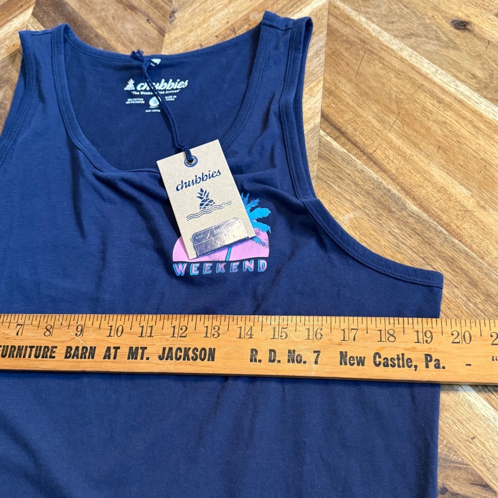 Chubbies Navy Blue The Weekend Has Arrived‎ Palm Tree Tank Top Men's Small - Picture 5 of 7